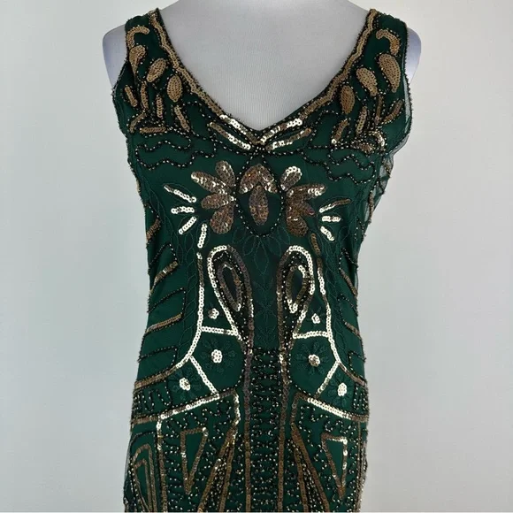 BABEYOND Green Gold Art Deco Sequin Flapper Dress Size XS - Picture 3 of 14